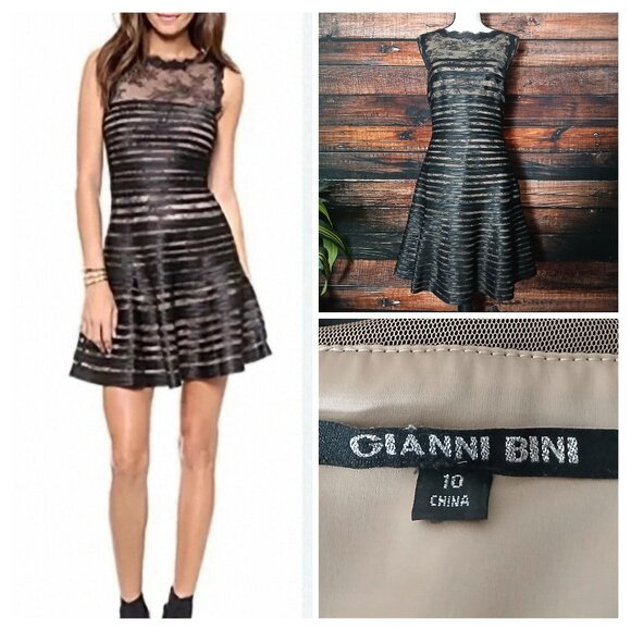 Gianni Bini Dress 10 Black Lace Striped Fit & Flare Lined - Picture 1 of 10